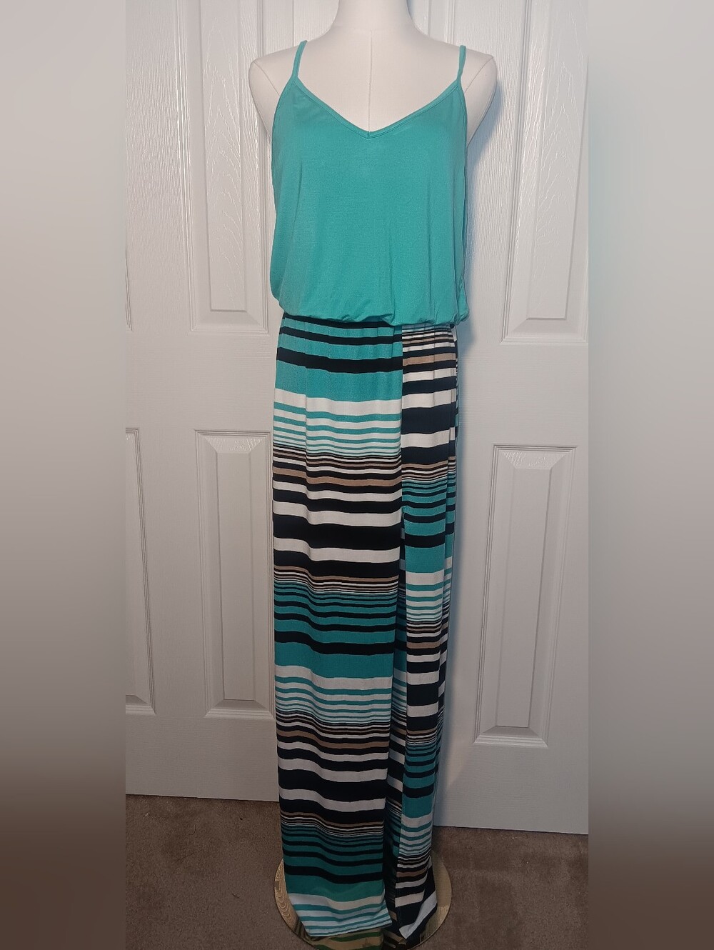 Striped Turquoise Spaghetti-Strap Maxi Dress